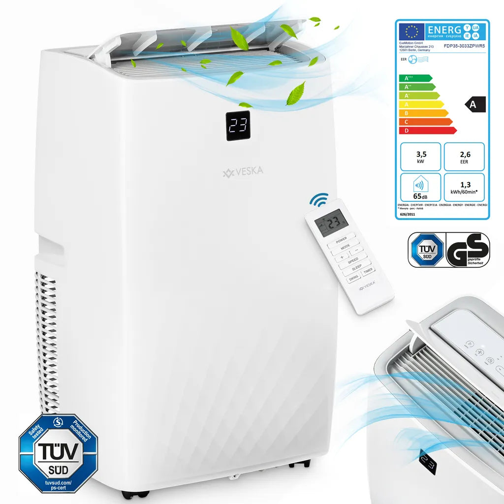 Climatisation mobile 12000 BTU/h (3.500 watts) - Climatiseur mobile 4en1 avec WiFi/App Monobloc réfrigérant - Télécommande, minuterie