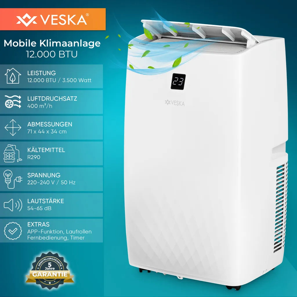 Climatisation mobile 12000 BTU/h (3.500 watts) - Climatiseur mobile 4en1 avec WiFi/App Monobloc réfrigérant - Télécommande, minuterie