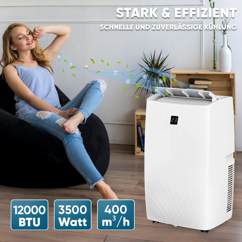 Climatisation mobile 12000 BTU/h (3.500 watts) - Climatiseur mobile 4en1 avec WiFi/App Monobloc réfrigérant - Télécommande, minuterie