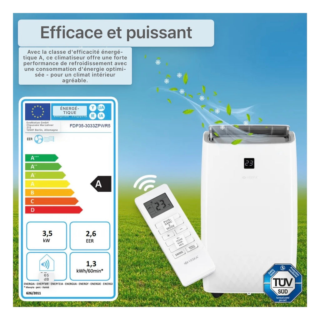 Climatisation mobile 12000 BTU/h (3.500 watts) - Climatiseur mobile 4en1 avec WiFi/App Monobloc réfrigérant - Télécommande, minuterie