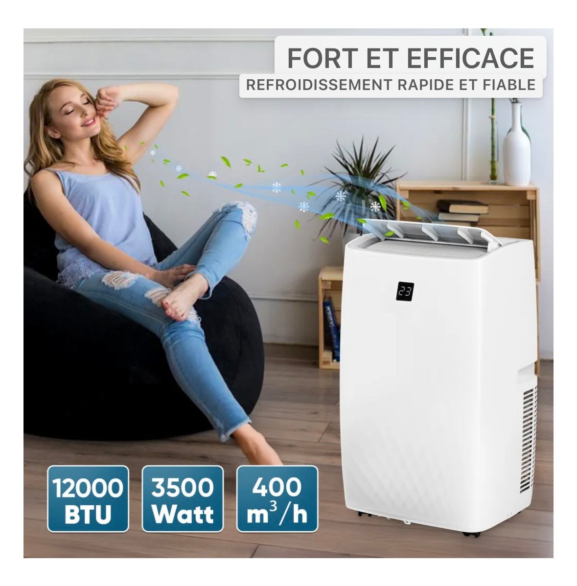 Climatisation mobile 12000 BTU/h (3.500 watts) - Climatiseur mobile 4en1 avec WiFi/App Monobloc réfrigérant - Télécommande, minuterie