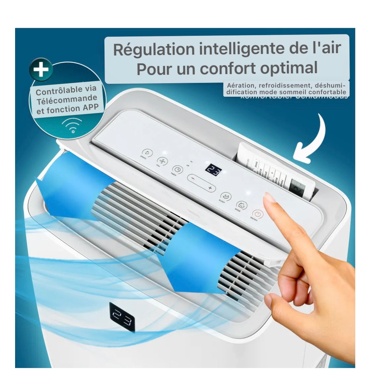 Climatisation mobile 12000 BTU/h (3.500 watts) - Climatiseur mobile 4en1 avec WiFi/App Monobloc réfrigérant - Télécommande, minuterie