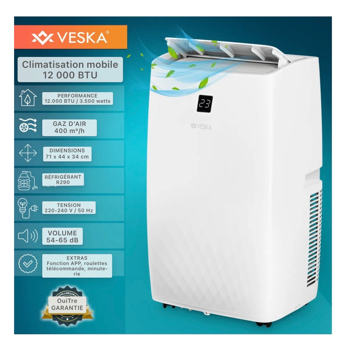 Climatisation mobile 12000 BTU/h (3.500 watts) - Climatiseur mobile 4en1 avec WiFi/App Monobloc réfrigérant - Télécommande, minuterie