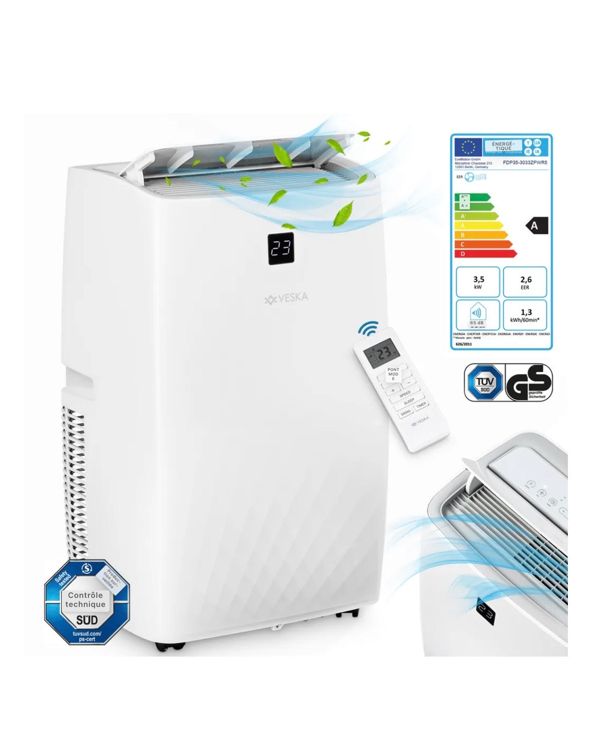 Climatisation mobile 12000 BTU/h (3.500 watts) - Climatiseur mobile 4en1 avec WiFi/App Monobloc réfrigérant - Télécommande, minuterie